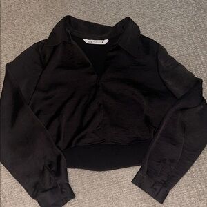 Zara Midnight Black Satin Cropped Shirt